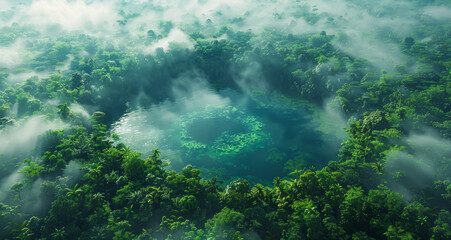 A large body of water surrounded by trees and a foggy sky. The water is deep and the trees are lush and green