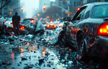 A car accident scene with a car that is partially crushed. The scene is blurry and has a mood of chaos and destruction - obrazy, fototapety, plakaty