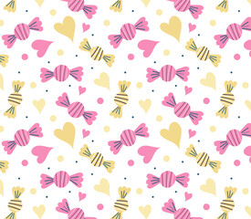 Vector seamless pattern with cute candies and hearts. Valentine's Day concept. Cute print for packaging, wallpaper, Baby textiles, Gift paper.Vector hand drawn flat illustration.