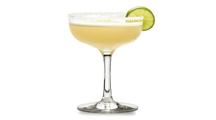 A Tequila Margarita cocktail served on the rocks with a salted rim and a lime garnish elegantly presented in a pint glass against a crisp white background
