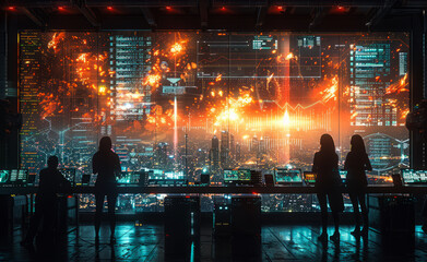 A group of people are standing in front of a large monitor that shows a city with a lot of fire