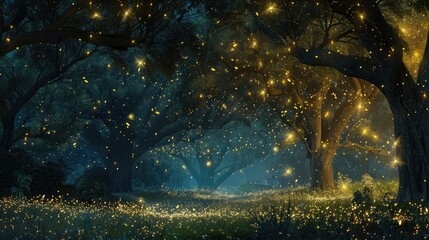 A mesmerizing swarm of fireflies, illuminating the night sky with their ethereal glow as they dance among the branches of ancient oak trees in a secluded forest clearing.