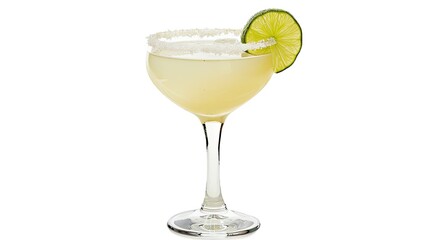 An enticing Tequila Margarita cocktail complete with a salty rim and a garnish of fresh lime served in a stylish pint glass against a pristine white backdrop