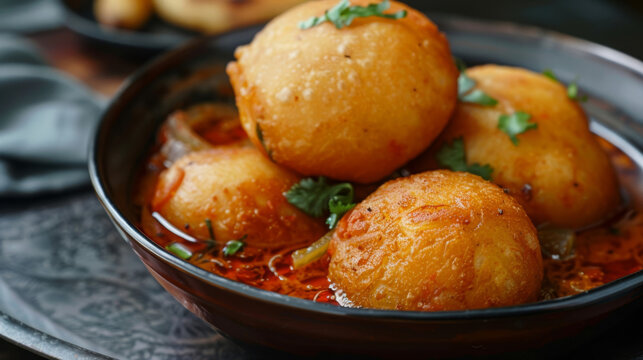 Golden luchi and aromatic curry in a dark bowl, a traditional bangladeshi dish up close