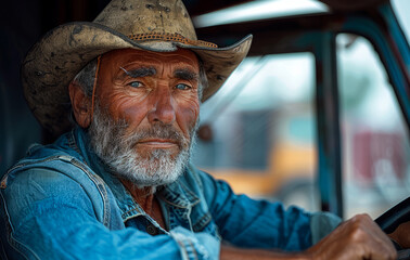 A man in a cowboy hat is driving a truck. He has a beard and a mustache. He is wearing a blue shirt