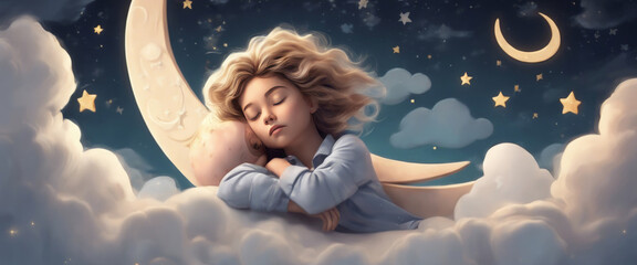 A cute girl sleeps on a cloud between the moon, earth and Mars