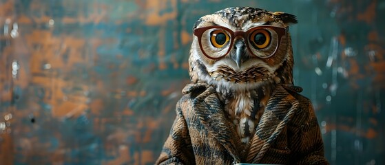 Sage Owl in Stylish Attire Amidst a Library. Concept Library Photoshoot, Wise Owl, Stylish Attire, Sage Vibes