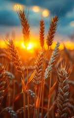 Obraz premium A field of golden wheat with the sun shining on it. The sun is setting, casting a warm glow on the wheat