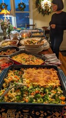 Potluck dinner with neighbors, community, sharing, festive