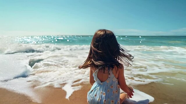 Rear view of lovely little girl sitting by the seashore at the beach and being splashed by waves. sunny Summer day