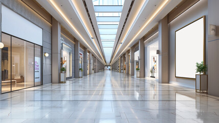 Modern Mall hall walkway Interior with Blank Banner copy space wall.