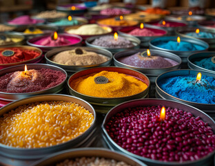 A variety of colorful spices are displayed in bowls, with a lit candle in the center of each bowl. Concept of warmth and comfort