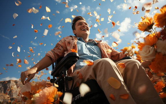 Man in wheelchair surrounded by flowers. Generative AI