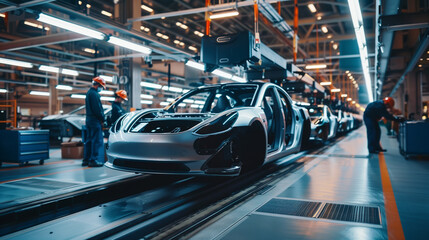 Workers in a modern automotive factory assembling electric vehicles on the production line. - obrazy, fototapety, plakaty