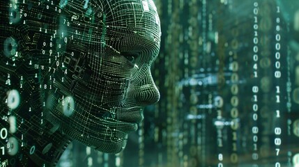 ones and zeros filling the air and a robot looking at the