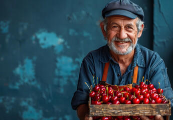 A man is holding a crate full of cherries. He is smiling and he is happy