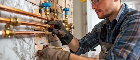 Plumbers installing systems in a residential building, essential services, diligent
