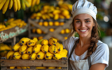 Obraz premium A woman is smiling while holding a crate full of bananas. Concept of happiness and positivity, as the woman is enjoying her work and the fruits she is handling