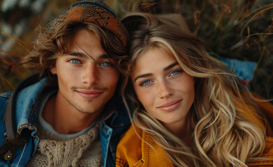 Fototapeta premium A man and a woman are laying on the grass, smiling at the camera. The man is wearing a blue jacket and the woman is wearing a yellow jacket.