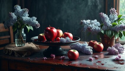 Still life with red apples on an old, wet, rustic table surrounded by bouquets of lilac branches, in rainy weather