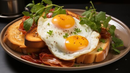 Premium Food Photography of Breakfast, Bread, Fried Eggs, and Ham.
