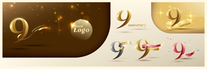 9th anniversary logotype modern gold number with shiny ribbon. alternative logo number Golden anniversary celebration