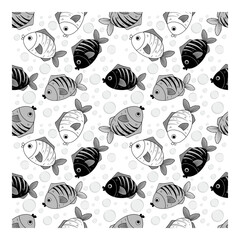 Seamless pattern with black and white fish. Isolated on white background. Pattern for fabric, paper, textiles and much more. Vector illustration.