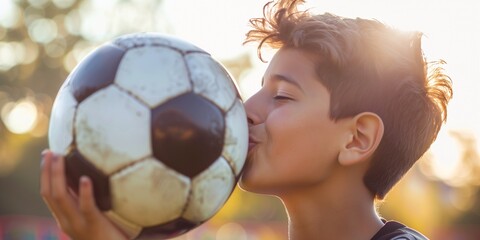 Happy teenage football soccer boy player holding and kiss ball in the meadow with sunset background, copy space. - Powered by Adobe