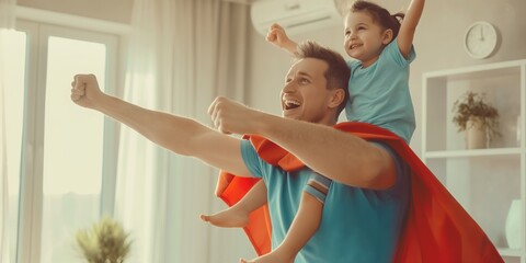 Superhero Dad, happy father and son playing super hero game at home, concept of Father's Day, family, love. - obrazy, fototapety, plakaty