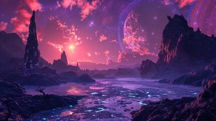 A mesmerizing view of an alien twilight, with the sky awash in ethereal colors as strange...