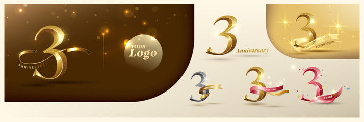 3rd anniversary logotype modern gold number with shiny ribbon. alternative logo number Golden anniversary celebration