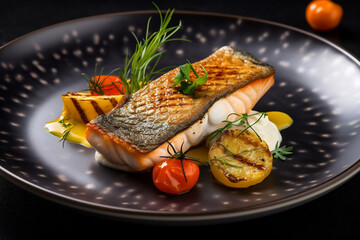 Gourmet fish dish on a plate in restaurant - 788487099