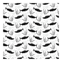 Pattern of black and white fish and corals. Isolated on white background. Pattern for fabric, paper, textiles and much more. Vector illustration.