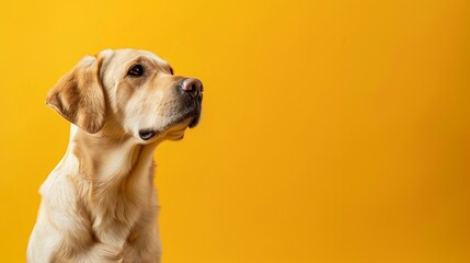 Portrait of a dog on a bright yellow background. Portrait of a Labrador. Isolated background, copy space