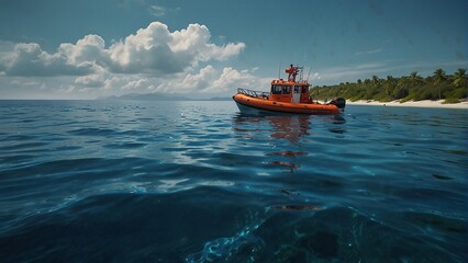 There is an orange and white boat on the ocean with the shore in the distance. The sky is blue and white clouds are overhead.