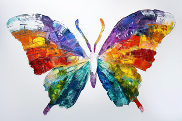 An artistic representation of a butterfly logo, its wings painted in a tapestry of vibrant and contrasting shades, set against a clean white canvas.