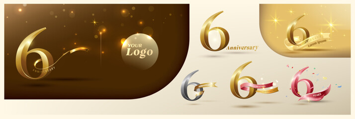 6th anniversary logotype modern gold number with shiny ribbon. alternative logo number Golden anniversary celebration