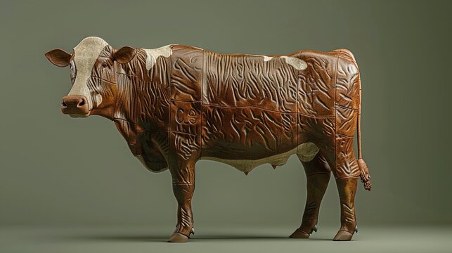 An unusual structure designed for childrens book illustration, its form highlighted with embossed brown cow leather print, evoking curiosity and imagination, 