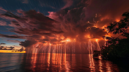 Time-lapse Photography of multiple lightning strikes over water near a shoreline at dusk.