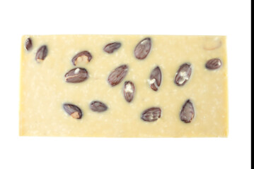 bar of white chocolate with nuts on a white background.