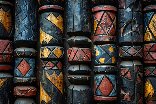 African, tribal and pattern on wood for art, texture and culture on a background. Traditional, painting color and vintage design for illustration, abstract and wallpaper for decoration on a backdrop