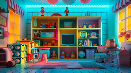 Toy room in micro scale, vibrant colors, soft lighting, wide lens, 