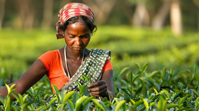 farmer tenderly collects the young leaves, a picture of dedication and the timeless art of tea cultivation.