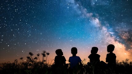 Fototapeta premium Children Silhouettes at Dusk Gazing at Stars: A Sense of Wonder and