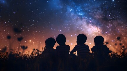 Fototapeta na wymiar Children's Silhouettes Gaze at Stars: A Sense of Wonder and