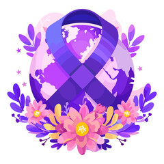 vibrant purple ribbon decorates a world globe, surrounded by delicate pink flowers