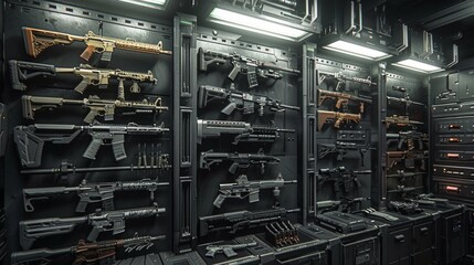 armory interior. Weapon storage shelves