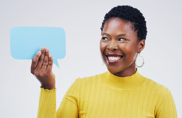 Woman, thinking and studio with speech bubble or comment, idea and promotion for advertising....
