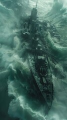 a dystopian maritime metropolis sinking beneath turbulent waves with realistic - obrazy, fototapety, plakaty