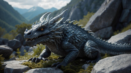 Enchanted Dark Gray Dragon in Mountains